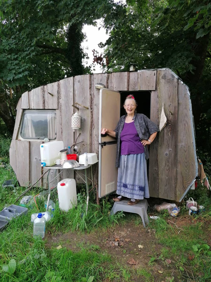 Ruth outside caravan